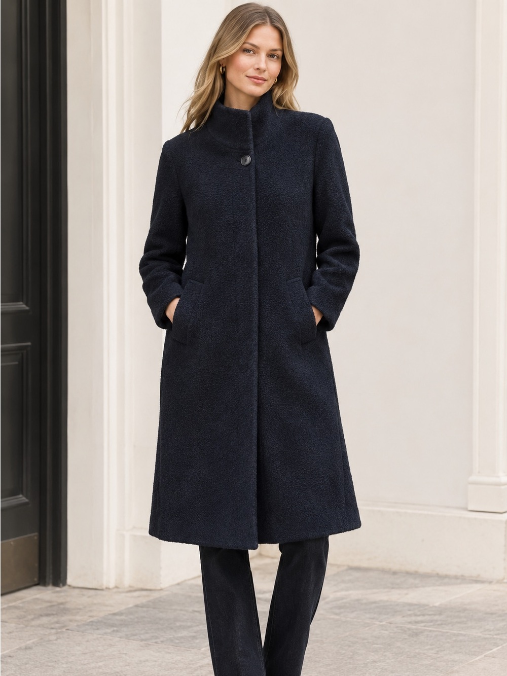Hilary Radley Alpaca Black Single-Button Long Peacoat Minimalist